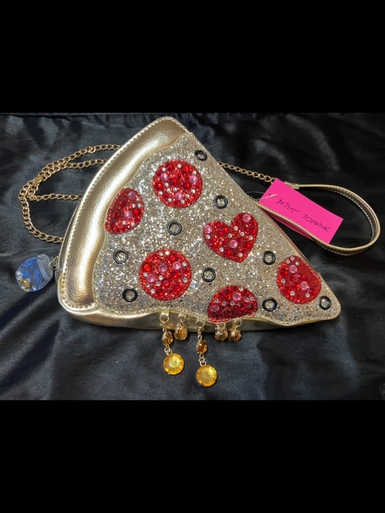 Betsey Johnson Handbags - Betsey Johnson Gold Glitter Pizza Slice Crossbody with Red Gem Accents